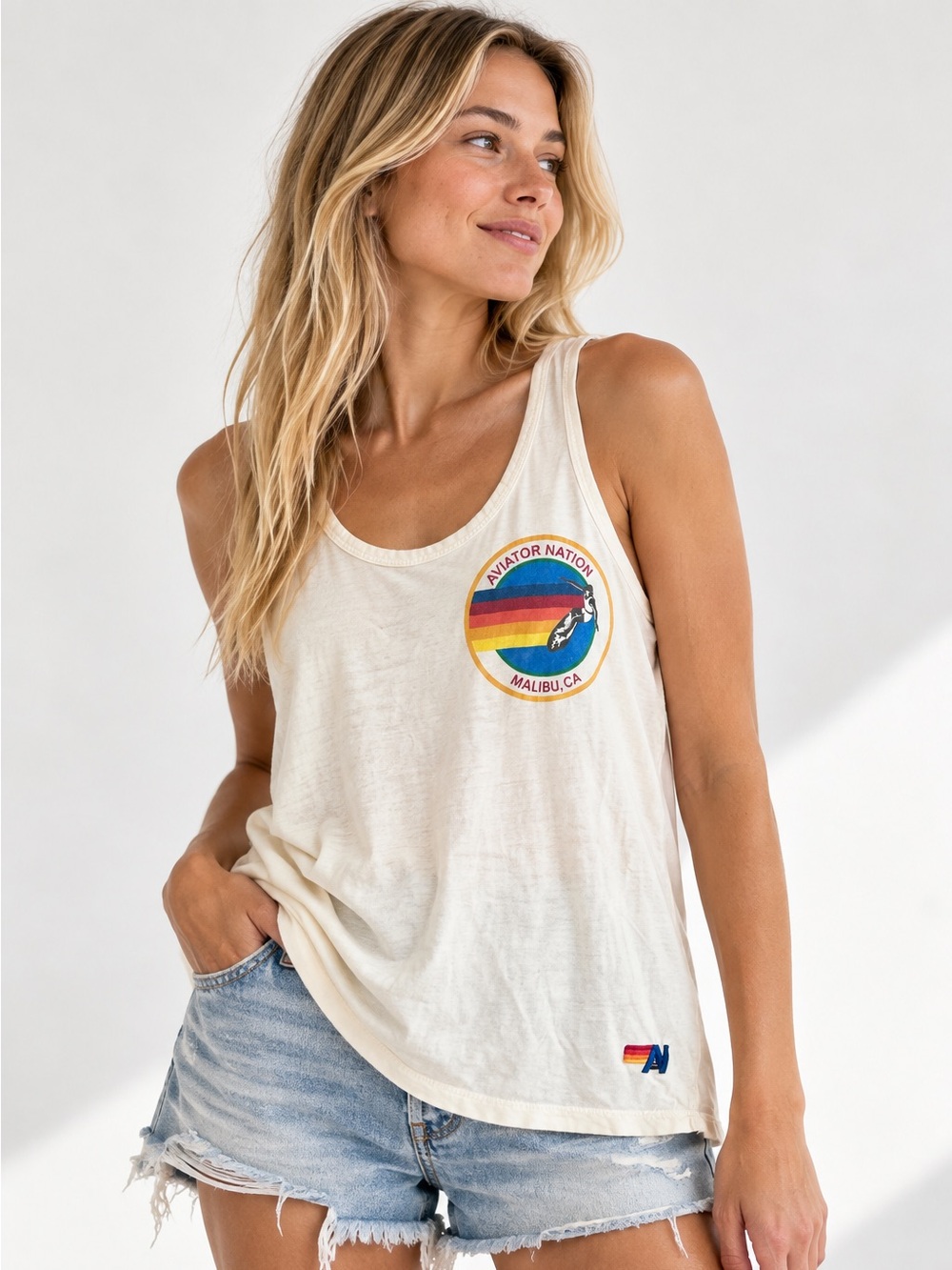 Aviator Nation Malibu Rainbow Logo Tank Top Ivory Size L Made in USA